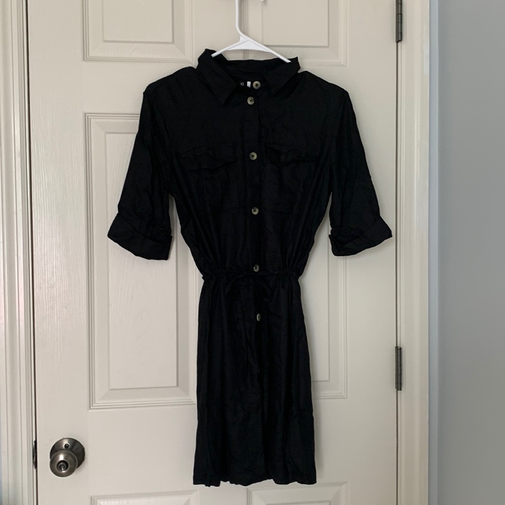 Divided Black Button-Up Dress with adjustable drawstring waist.